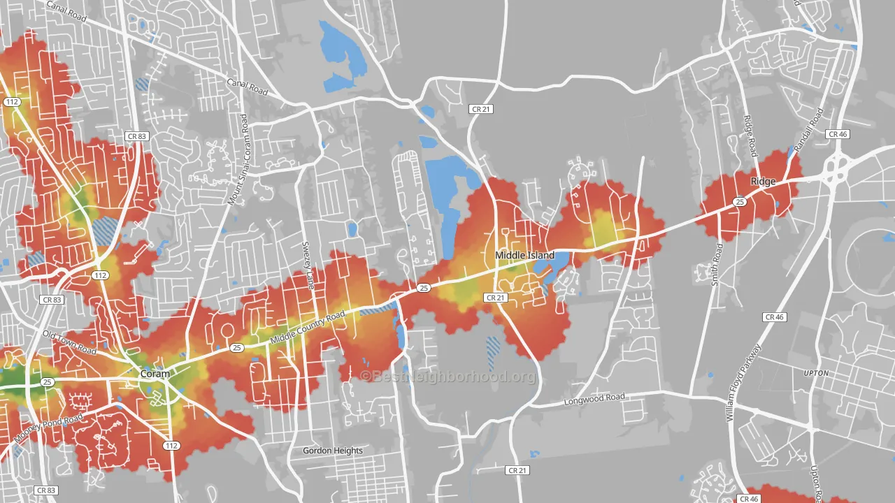 Walk Grade map of 11953, NY, walkable areas in green and car-dependent areas in red