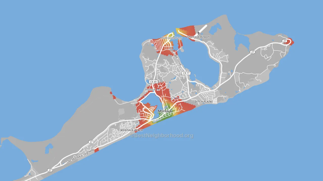 Walk Grade map of 11954, NY, walkable areas in green and car-dependent areas in red