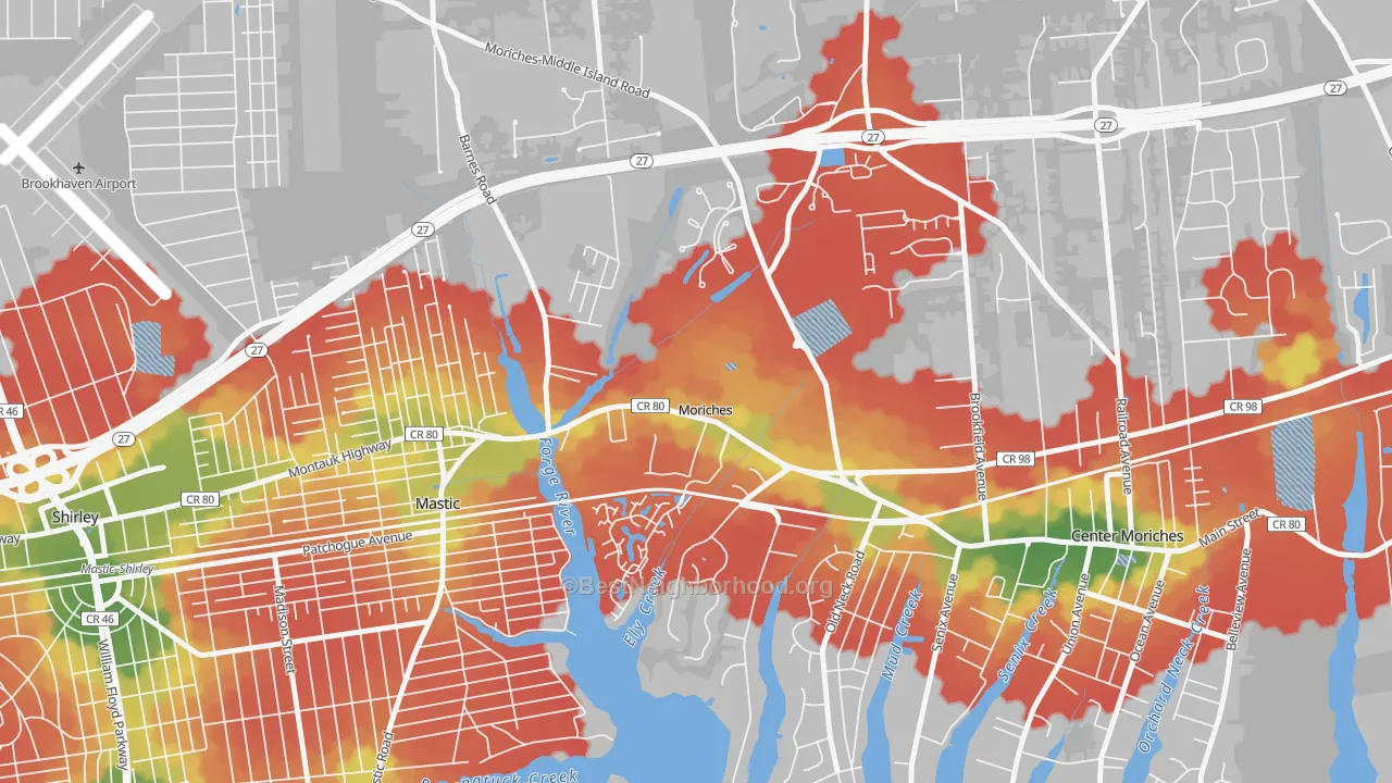 Walk Grade map of 11955, NY, walkable areas in green and car-dependent areas in red