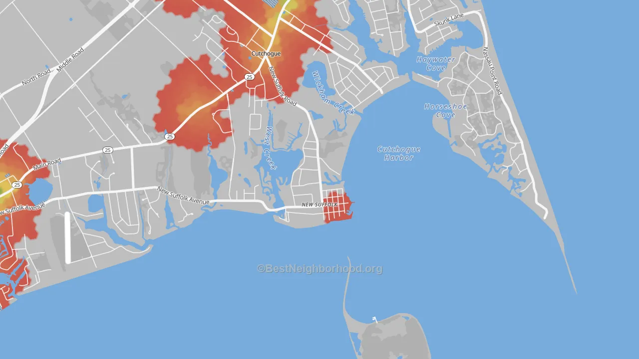 Walk Grade map of 11956, NY, walkable areas in green and car-dependent areas in red