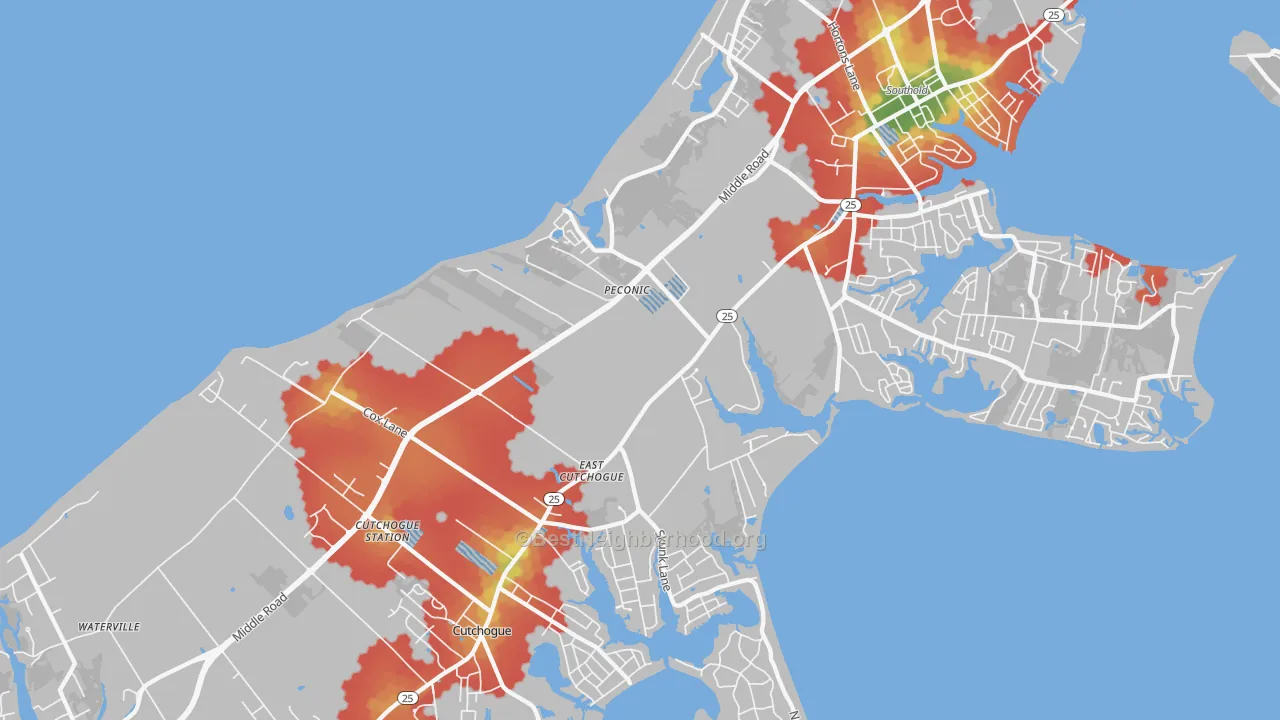 Walk Grade map of 11958, NY, walkable areas in green and car-dependent areas in red