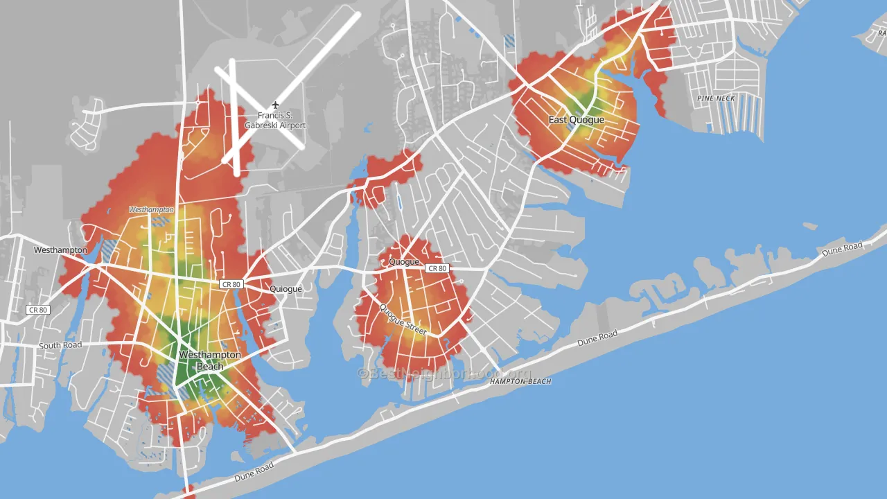 Walk Grade map of 11959, NY, walkable areas in green and car-dependent areas in red