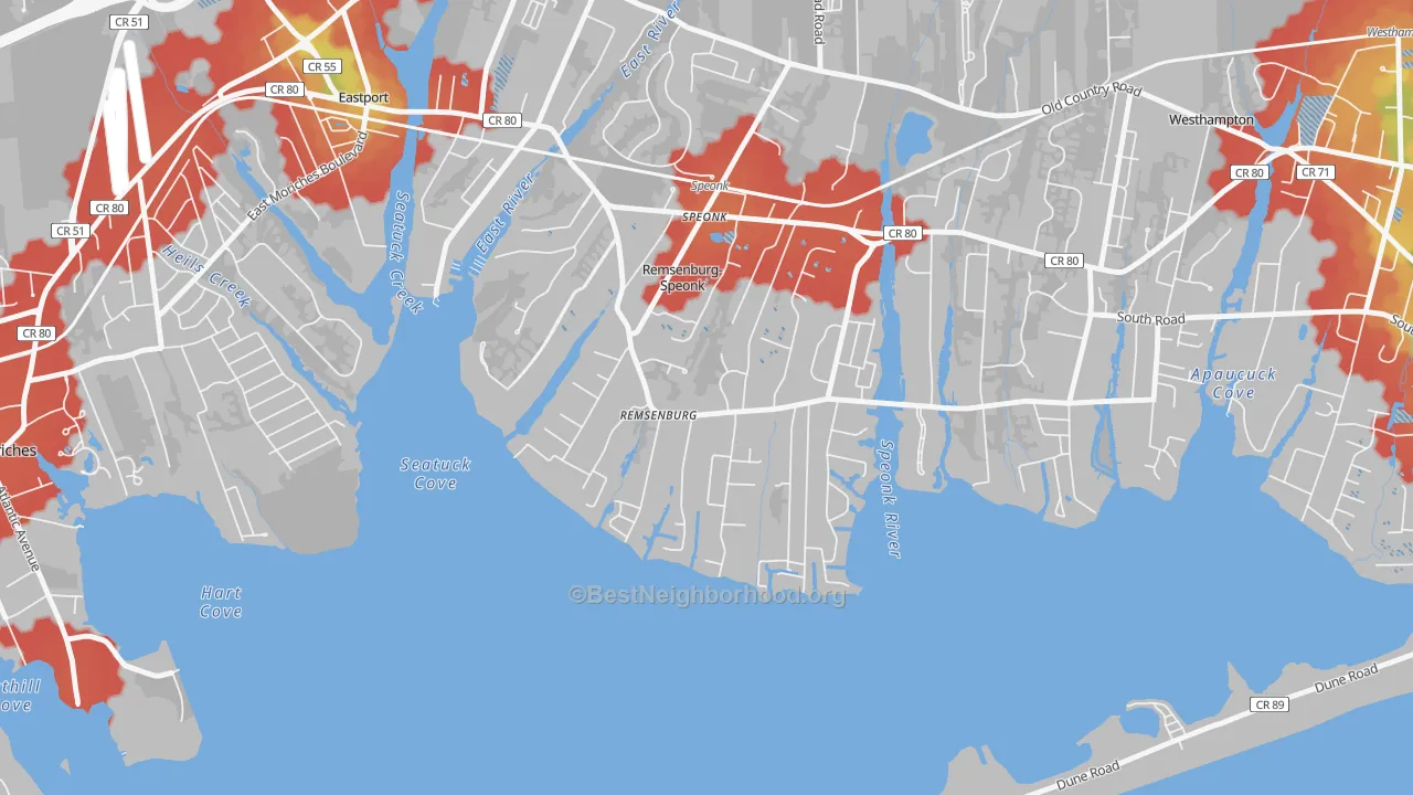 Walk Grade map of 11960, NY, walkable areas in green and car-dependent areas in red