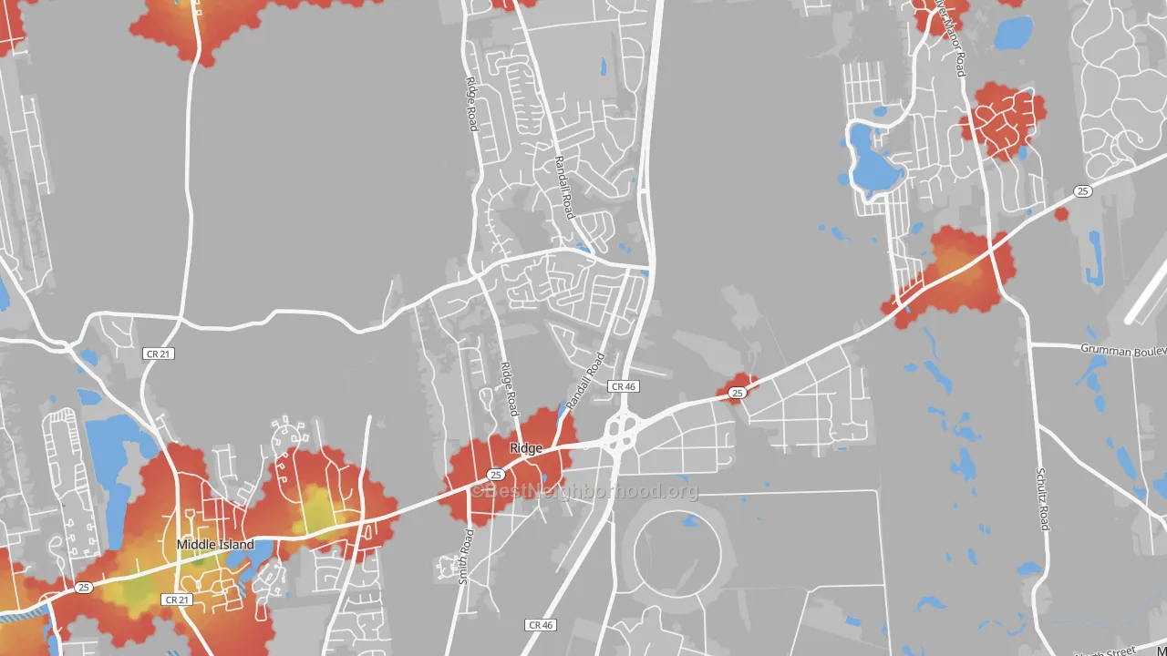Walk Grade map of 11961, NY, walkable areas in green and car-dependent areas in red