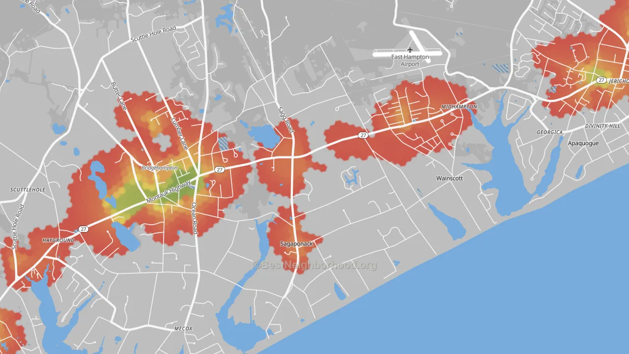 Walk Grade map of 11962, NY, walkable areas in green and car-dependent areas in red