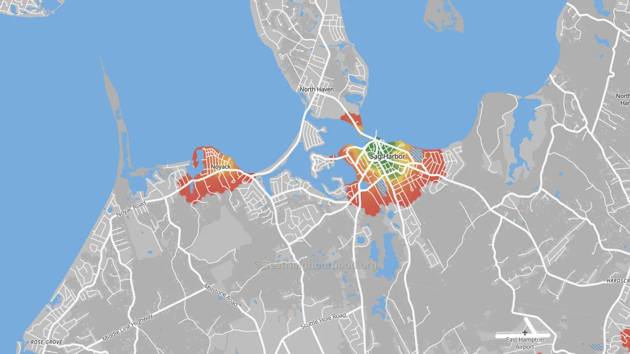 Walk Grade map of 11963, NY, walkable areas in green and car-dependent areas in red