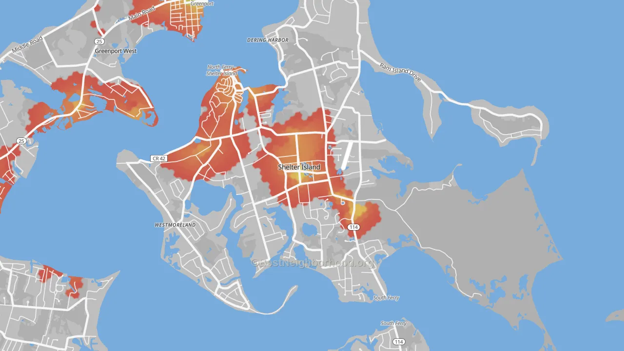 Walk Grade map of 11964, NY, walkable areas in green and car-dependent areas in red