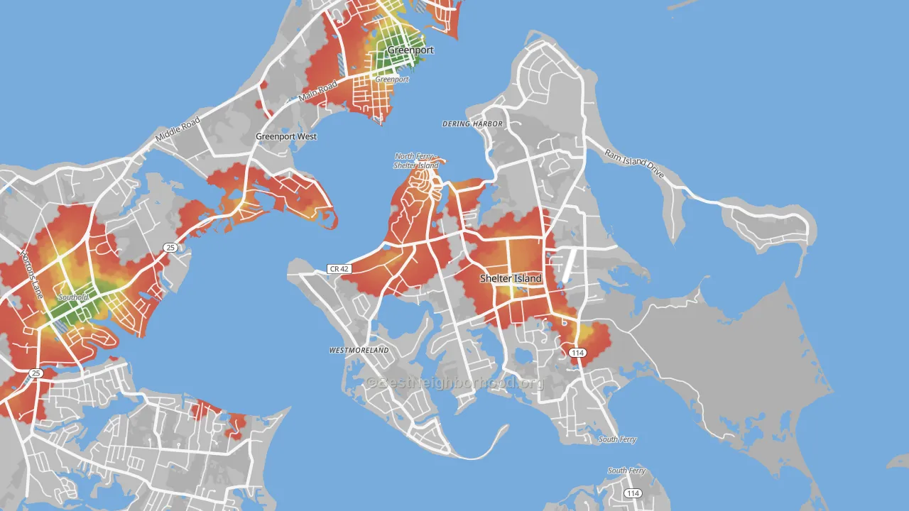 Walk Grade map of 11965, NY, walkable areas in green and car-dependent areas in red