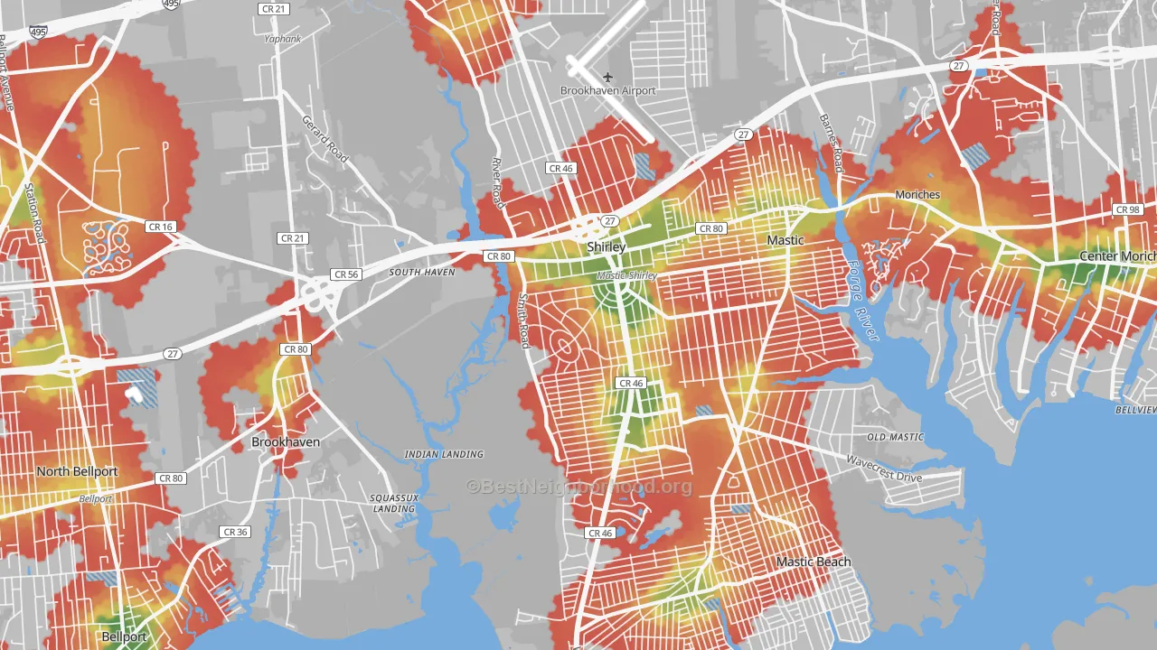 Walk Grade map of 11967, NY, walkable areas in green and car-dependent areas in red