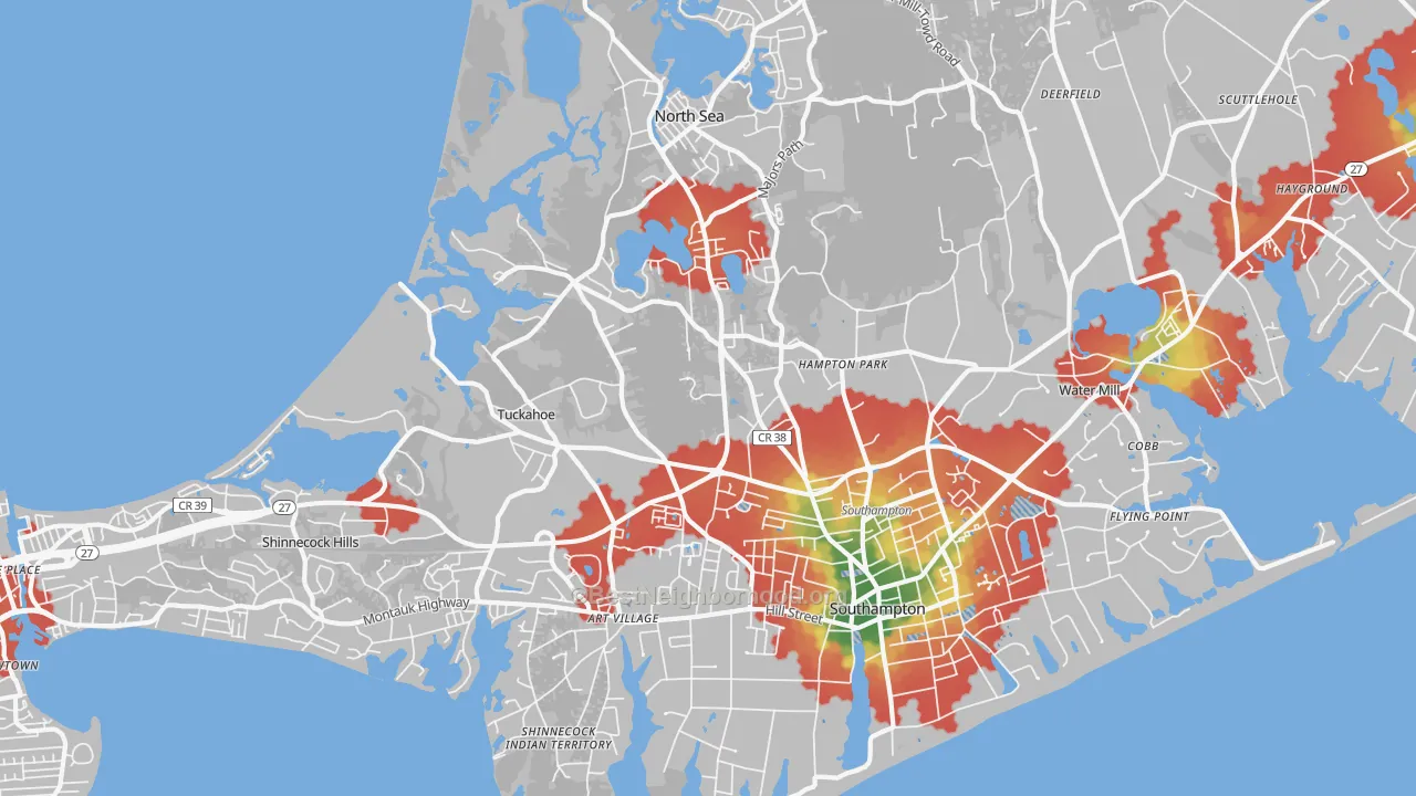 Walk Grade map of 11968, NY, walkable areas in green and car-dependent areas in red