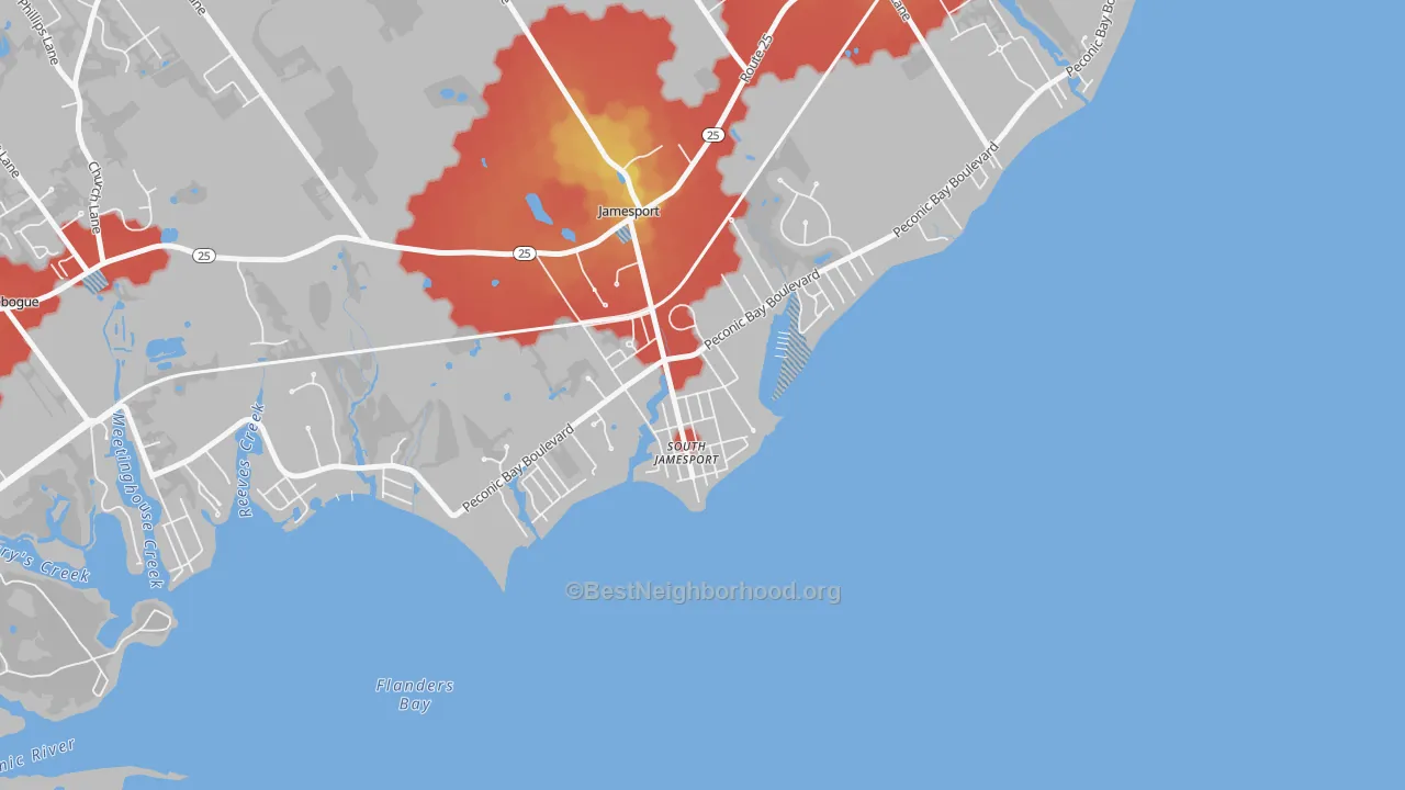 Walk Grade map of 11970, NY, walkable areas in green and car-dependent areas in red