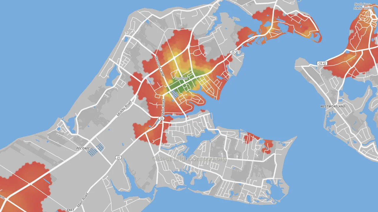 Walk Grade map of 11971, NY, walkable areas in green and car-dependent areas in red