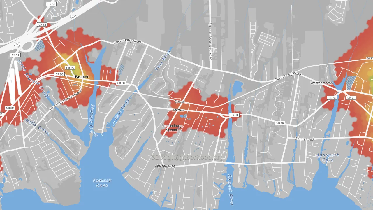Walk Grade map of 11972, NY, walkable areas in green and car-dependent areas in red