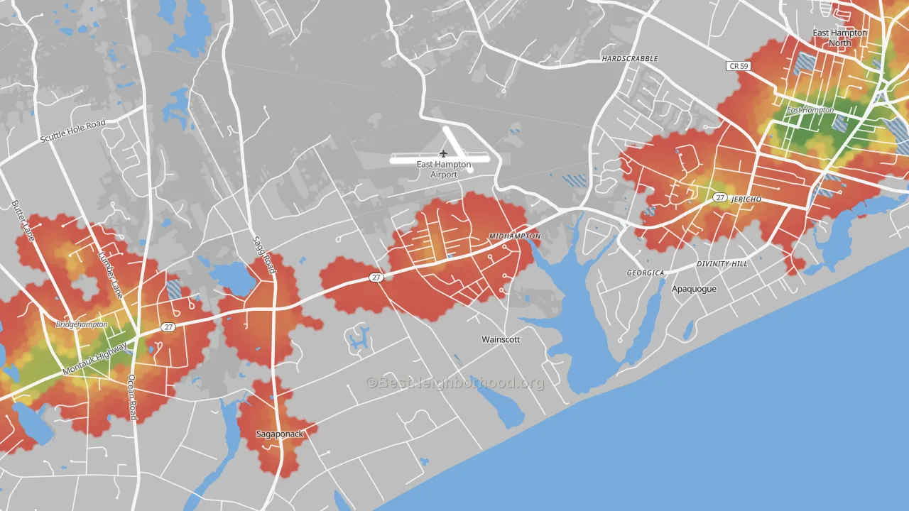 Walk Grade map of 11975, NY, walkable areas in green and car-dependent areas in red