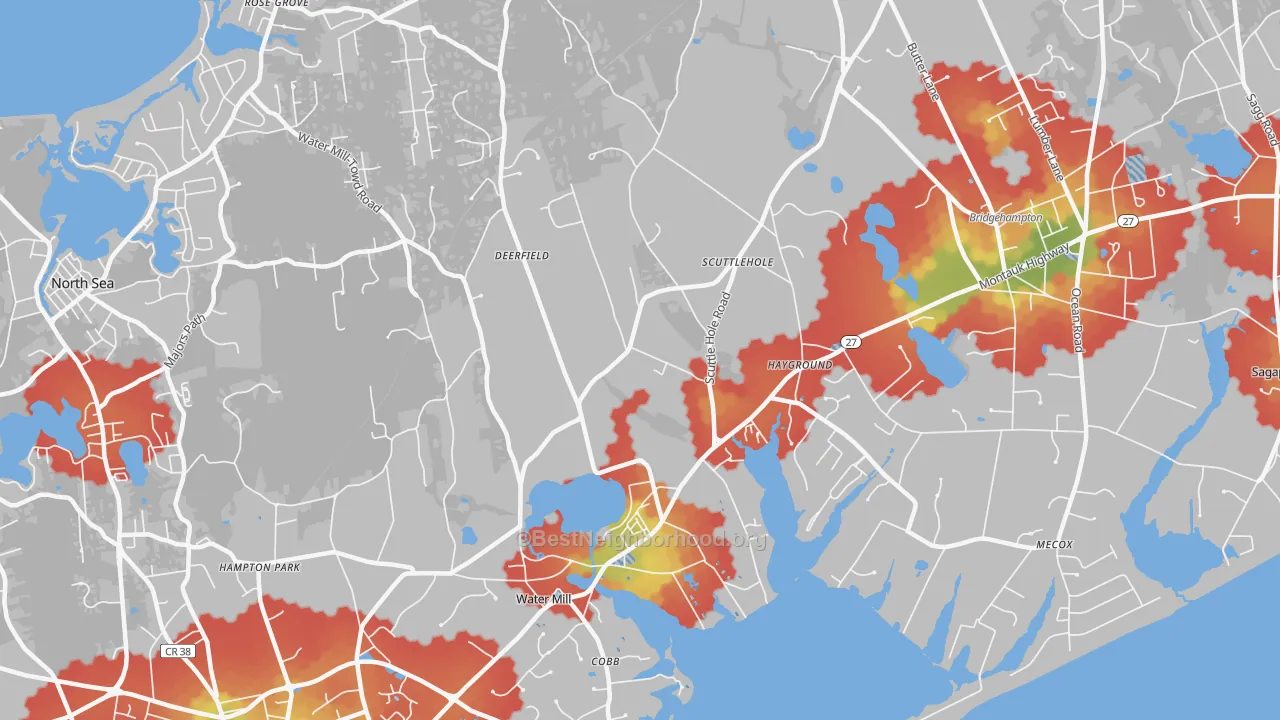 Walk Grade map of 11976, NY, walkable areas in green and car-dependent areas in red