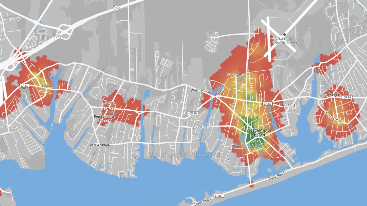 Walk Grade map of 11977, NY, walkable areas in green and car-dependent areas in red
