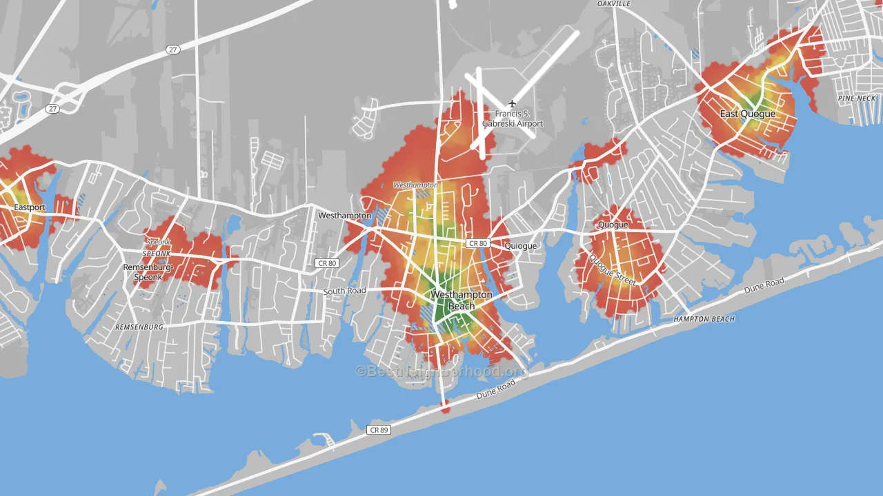 Walk Grade map of 11978, NY, walkable areas in green and car-dependent areas in red