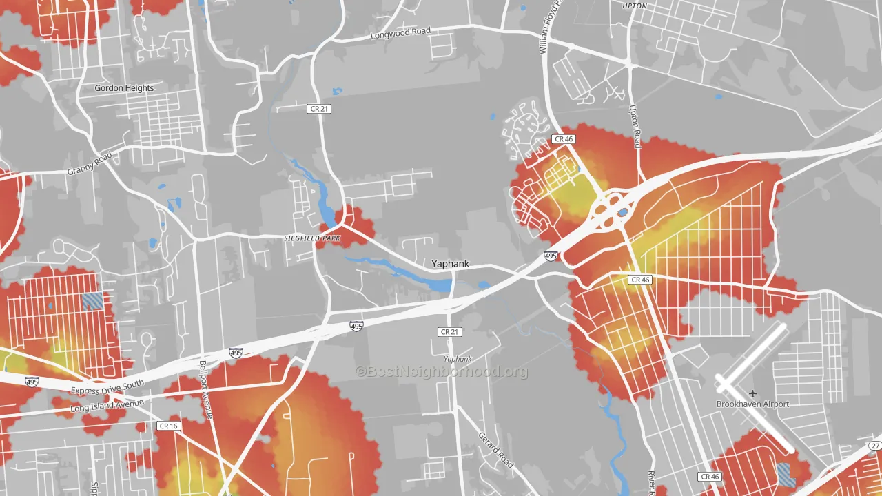 Walk Grade map of 11980, NY, walkable areas in green and car-dependent areas in red