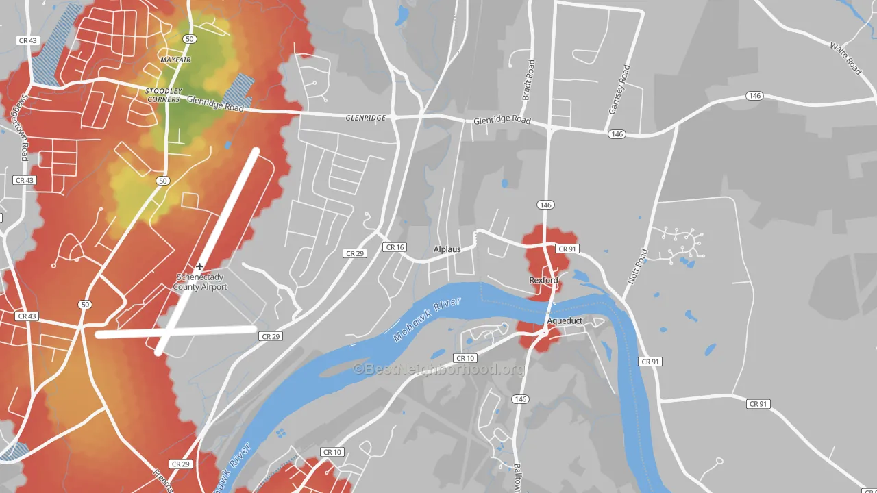 Walk Grade map of 12008, NY, walkable areas in green and car-dependent areas in red