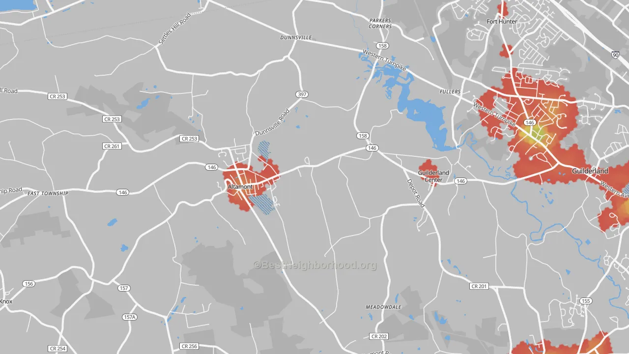 Walk Grade map of 12009, NY, walkable areas in green and car-dependent areas in red