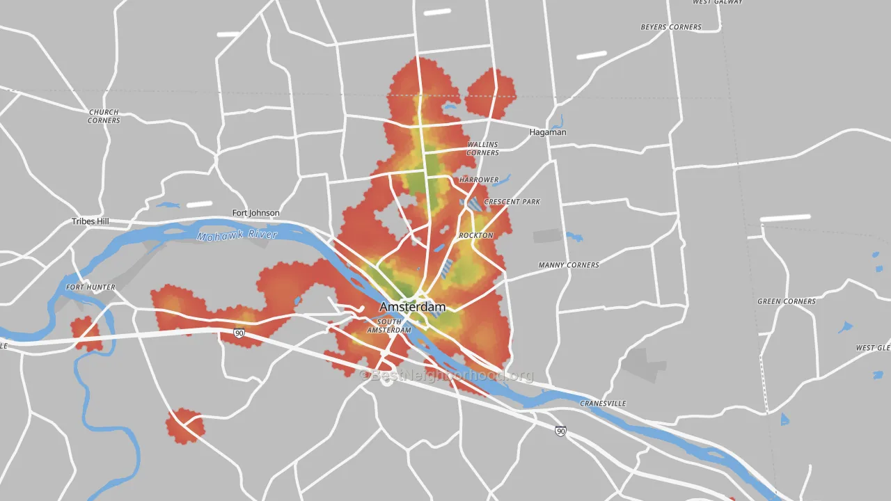 Walk Grade map of 12010, NY, walkable areas in green and car-dependent areas in red