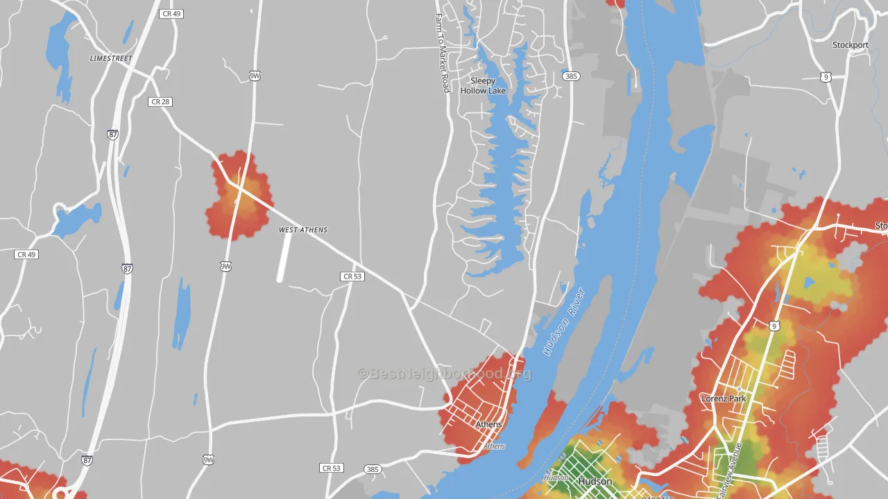 Walk Grade map of 12015, NY, walkable areas in green and car-dependent areas in red