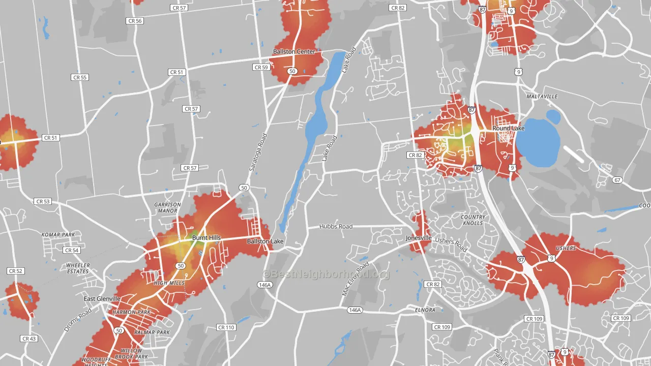 Walk Grade map of 12019, NY, walkable areas in green and car-dependent areas in red