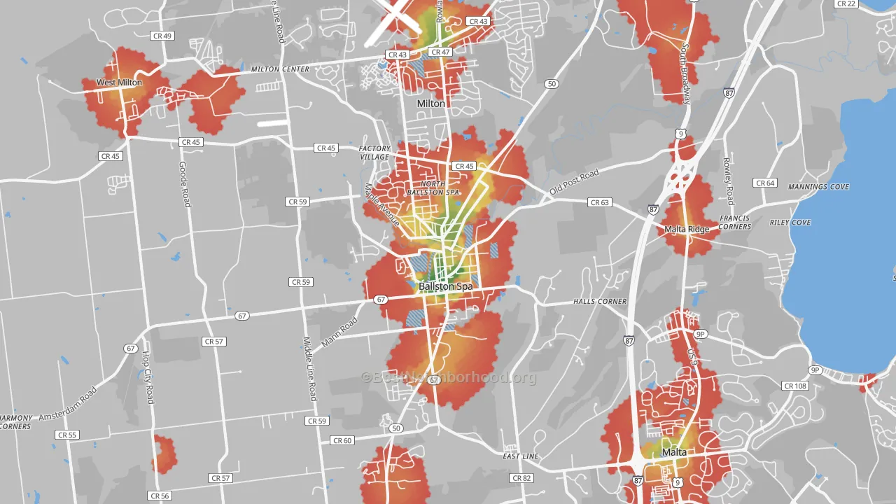 Walk Grade map of 12020, NY, walkable areas in green and car-dependent areas in red