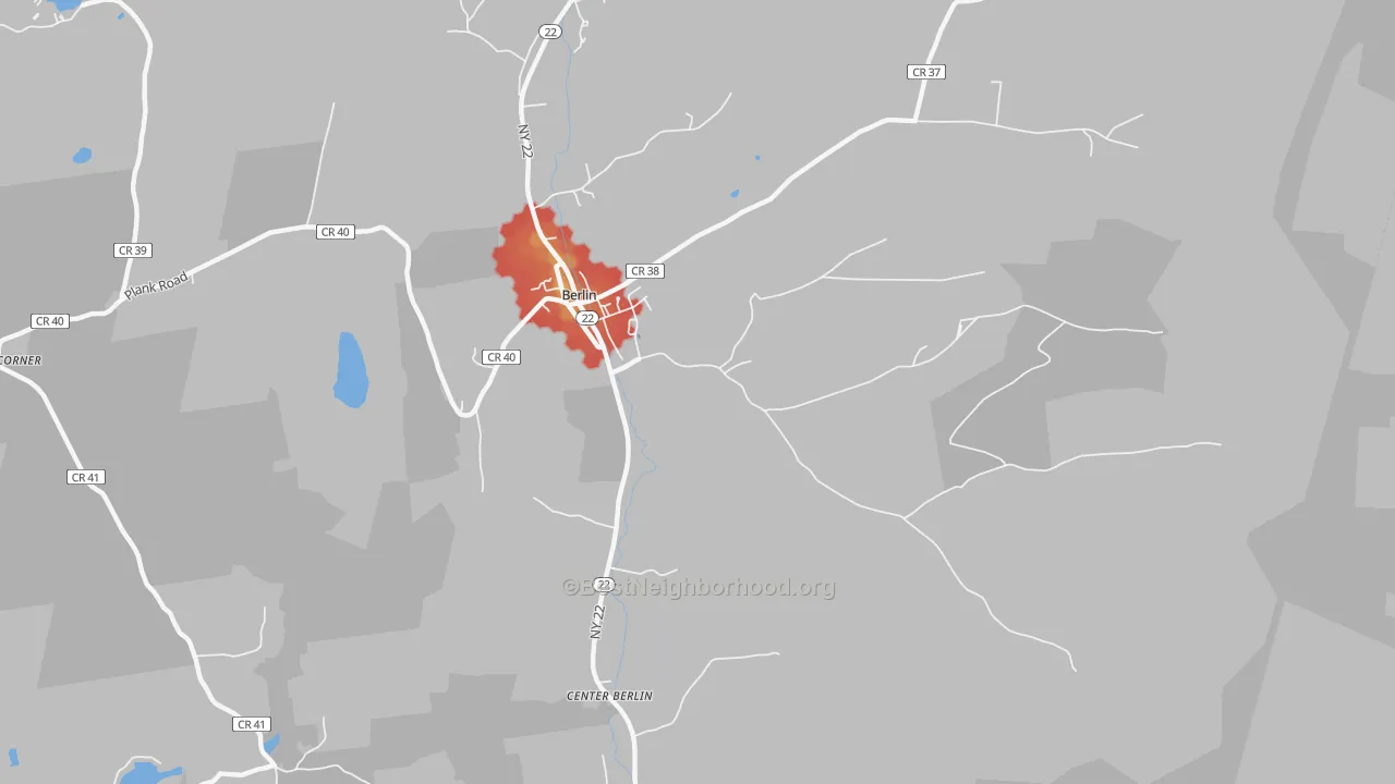 Walk Grade map of 12022, NY, walkable areas in green and car-dependent areas in red