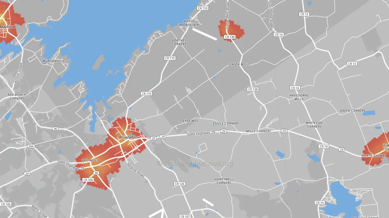 Walk Grade map of 12025, NY, walkable areas in green and car-dependent areas in red