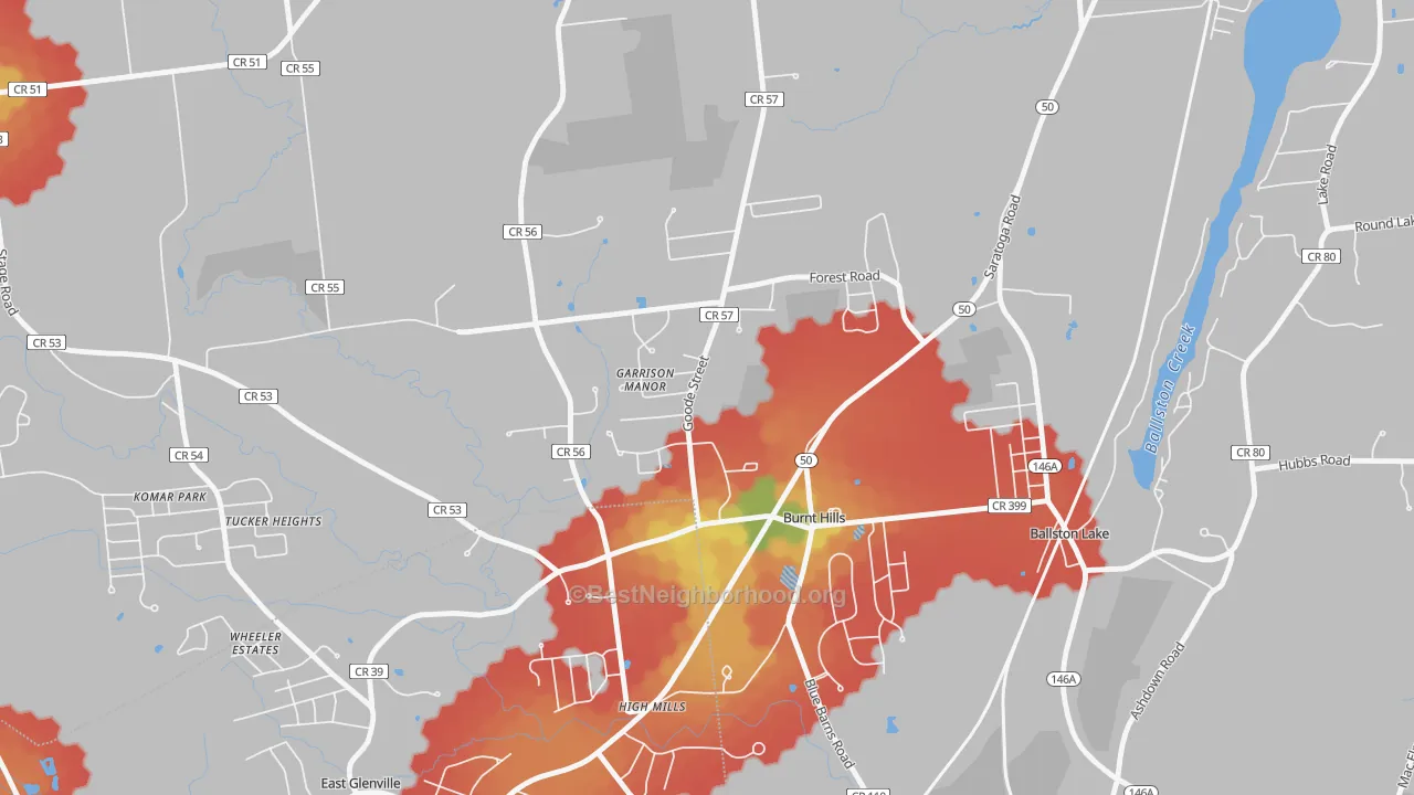 Walk Grade map of 12027, NY, walkable areas in green and car-dependent areas in red
