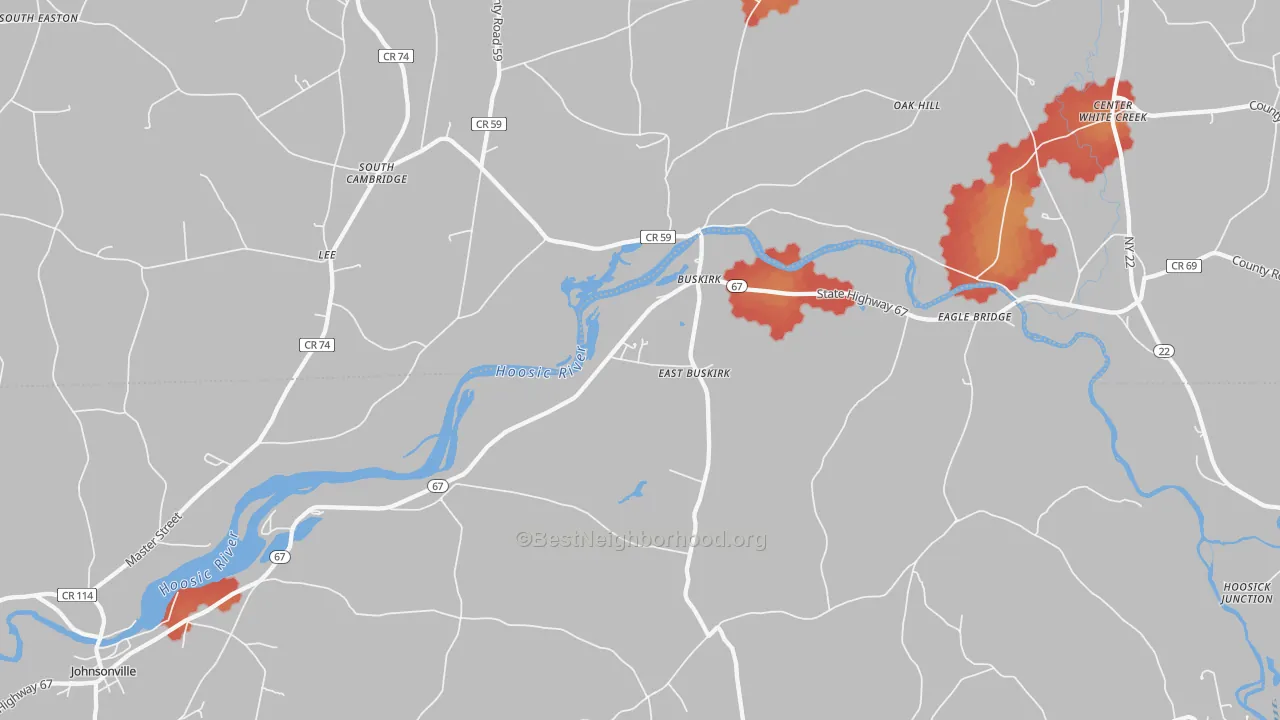 Walk Grade map of 12028, NY, walkable areas in green and car-dependent areas in red