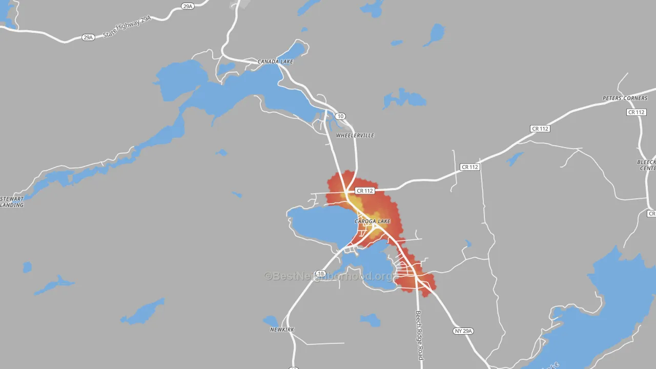 Walk Grade map of 12032, NY, walkable areas in green and car-dependent areas in red