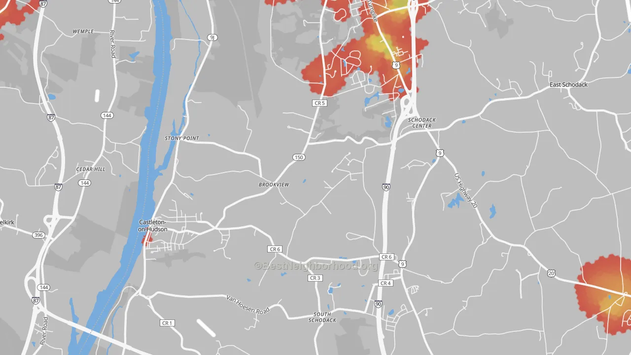 Walk Grade map of 12033, NY, walkable areas in green and car-dependent areas in red