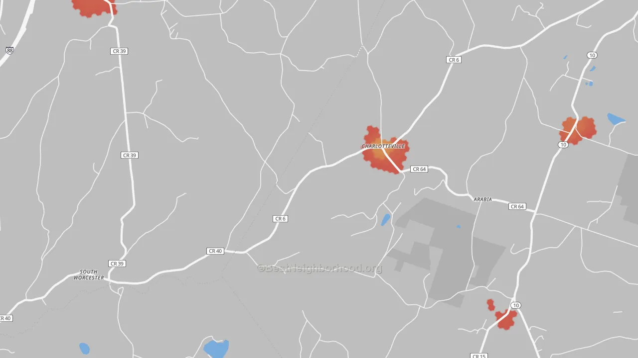 Walk Grade map of 12036, NY, walkable areas in green and car-dependent areas in red