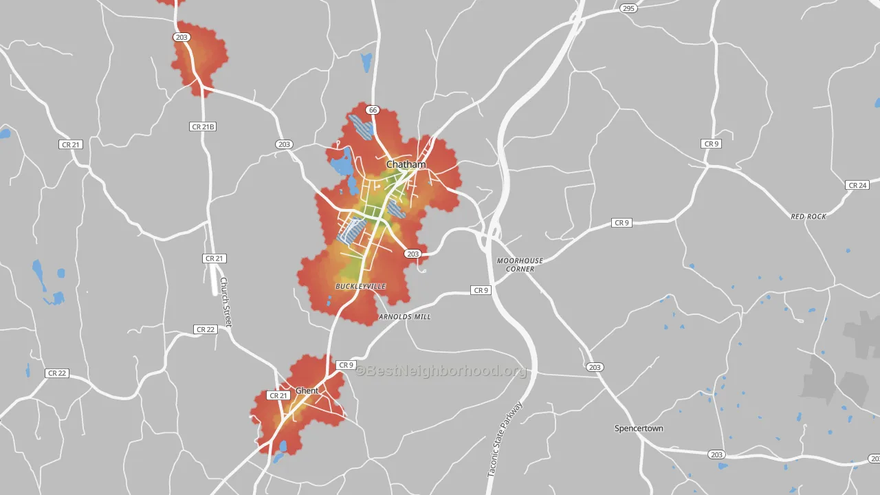 Walk Grade map of 12037, NY, walkable areas in green and car-dependent areas in red