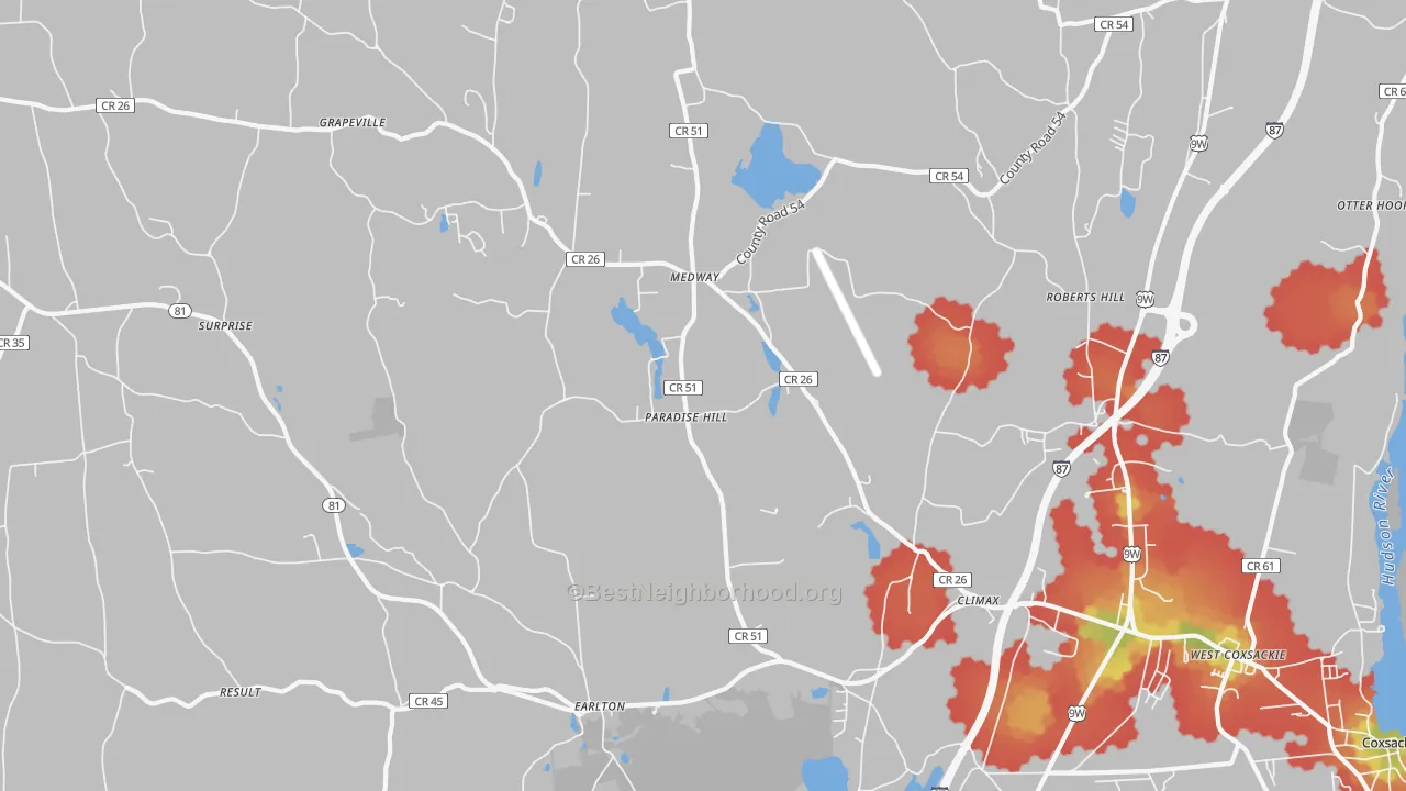 Walk Grade map of 12042, NY, walkable areas in green and car-dependent areas in red