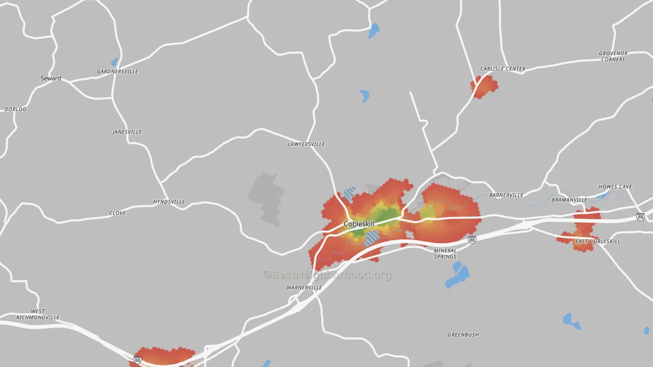 Walk Grade map of 12043, NY, walkable areas in green and car-dependent areas in red