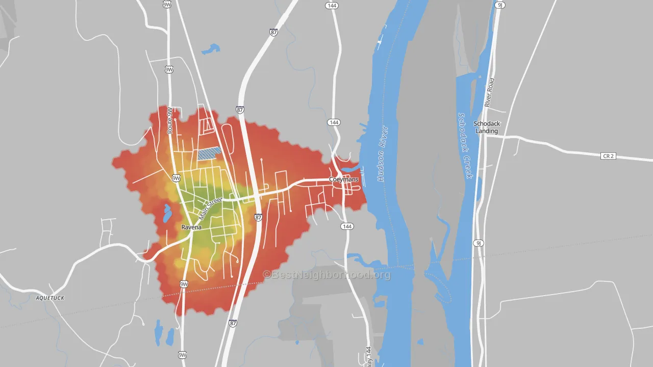 Walk Grade map of 12045, NY, walkable areas in green and car-dependent areas in red