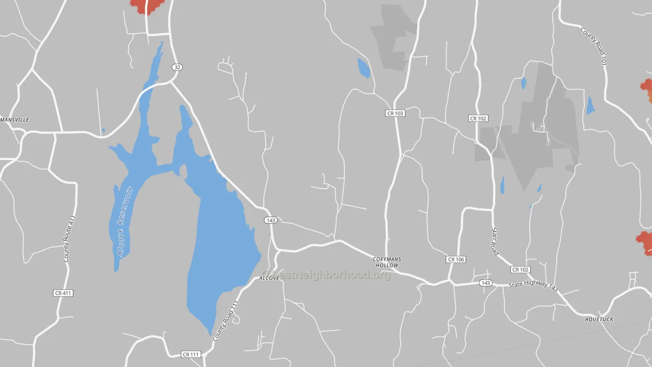 Walk Grade map of 12046, NY, walkable areas in green and car-dependent areas in red