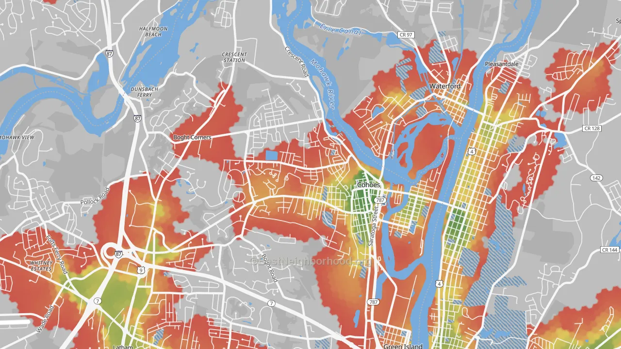 Walk Grade map of 12047, NY, walkable areas in green and car-dependent areas in red