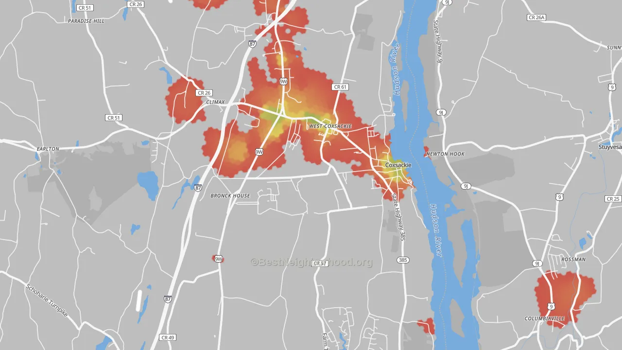 Walk Grade map of 12051, NY, walkable areas in green and car-dependent areas in red