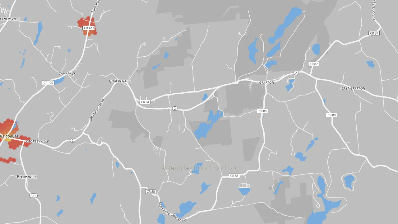 Walk Grade map of 12052, NY, walkable areas in green and car-dependent areas in red