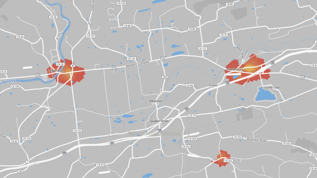 Walk Grade map of 12053, NY, walkable areas in green and car-dependent areas in red