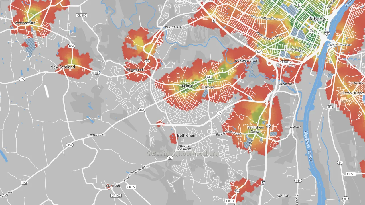Walk Grade map of 12054, NY, walkable areas in green and car-dependent areas in red