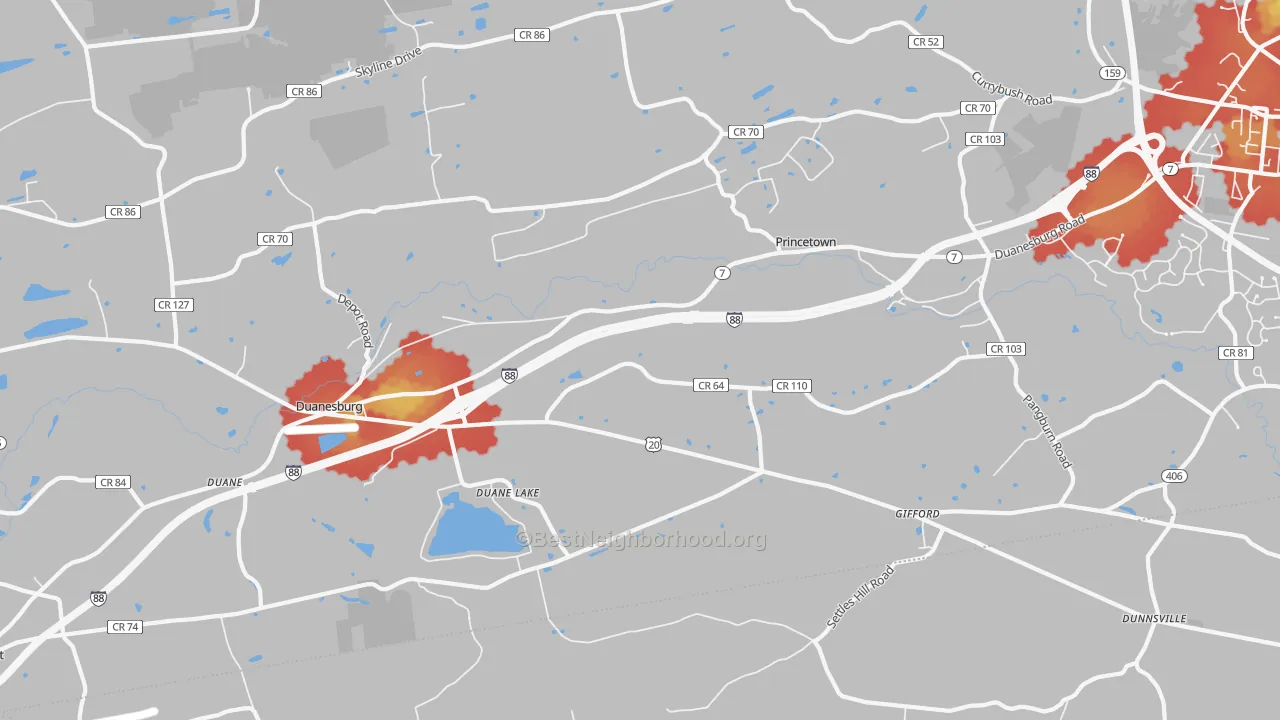 Walk Grade map of 12056, NY, walkable areas in green and car-dependent areas in red