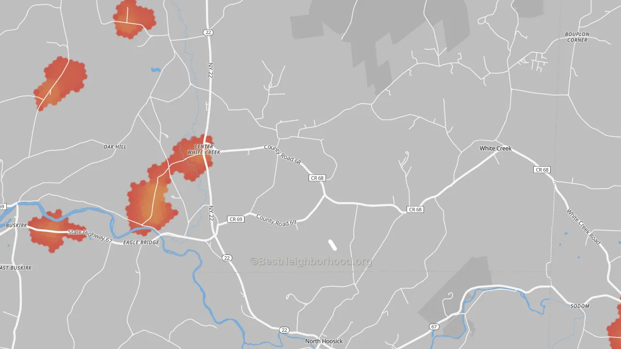 Walk Grade map of 12057, NY, walkable areas in green and car-dependent areas in red