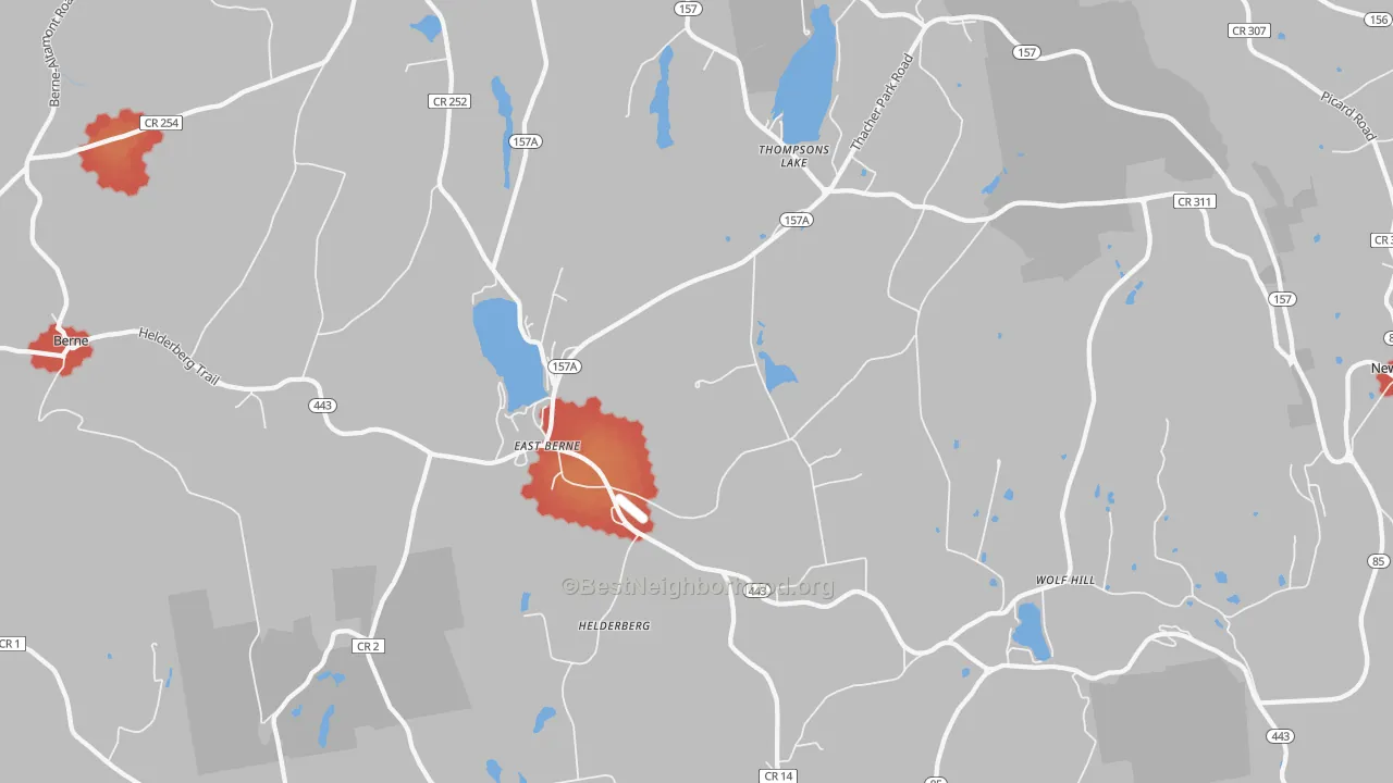 Walk Grade map of 12059, NY, walkable areas in green and car-dependent areas in red