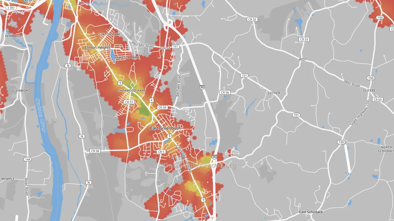 Walk Grade map of 12061, NY, walkable areas in green and car-dependent areas in red