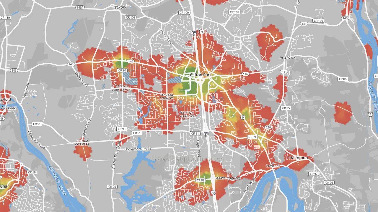 Walk Grade map of 12065, NY, walkable areas in green and car-dependent areas in red